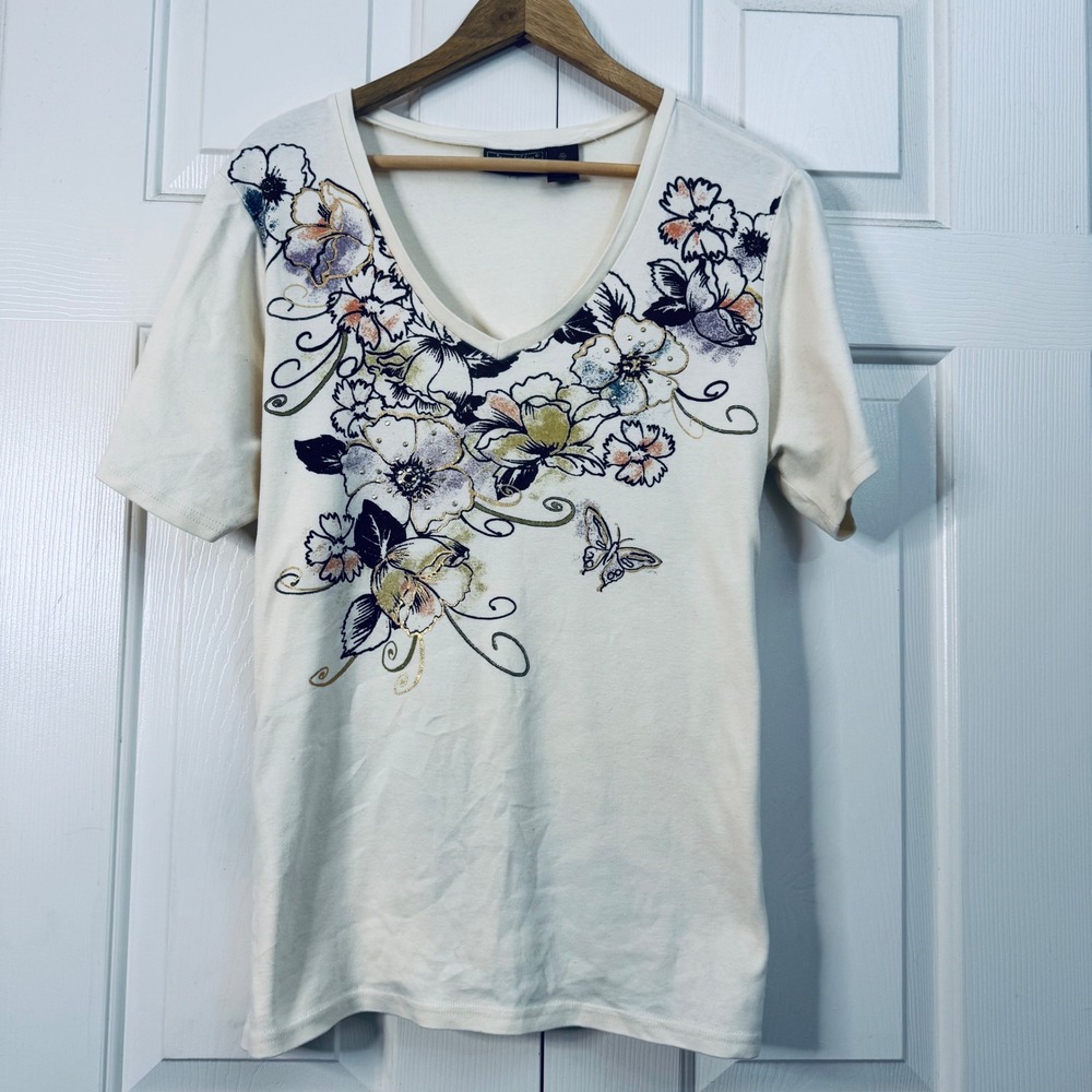 Jane Ashley Women's 1X Cream Floral Butterfly Short Sleeve V Neck Cotton Top